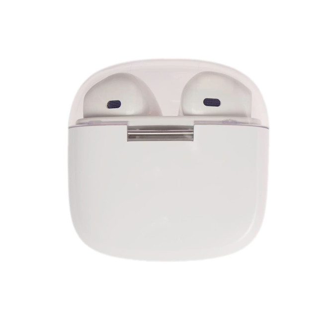 Twista Earbuds in a sleek white charging case, featuring a compact design with earbuds visible inside.