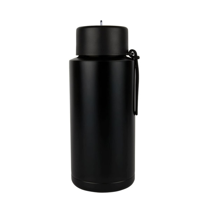 A drink bottle in matte black finish, featuring a sleek design and a logo. Ideal for hydration on the go.