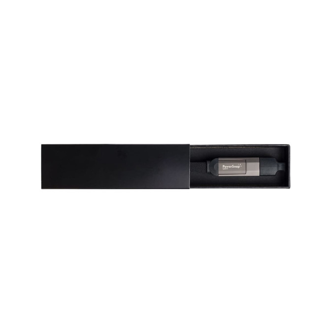 A sleek black box containing a silver and gray multi-functional charging cable. The box features a logo.