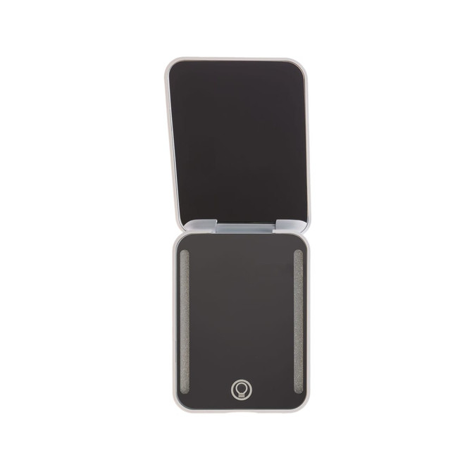 A LED compact mirror with a sleek design, featuring an illuminated interior for enhanced visibility.