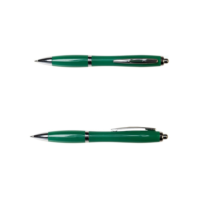 A green plastic pen with a shiny silver clip and detailing, featuring a logo.