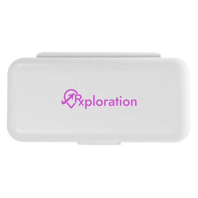 A compact white pill organiser featuring a purple logo.