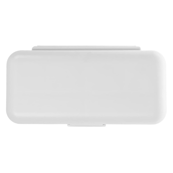 A compact white pill organizer with a secure clasp, designed for easy storage of medication.