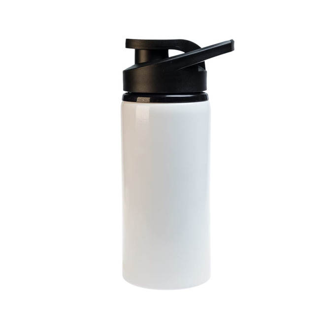 A drink bottle in white with a black free flow lid and a branding logo on the side.