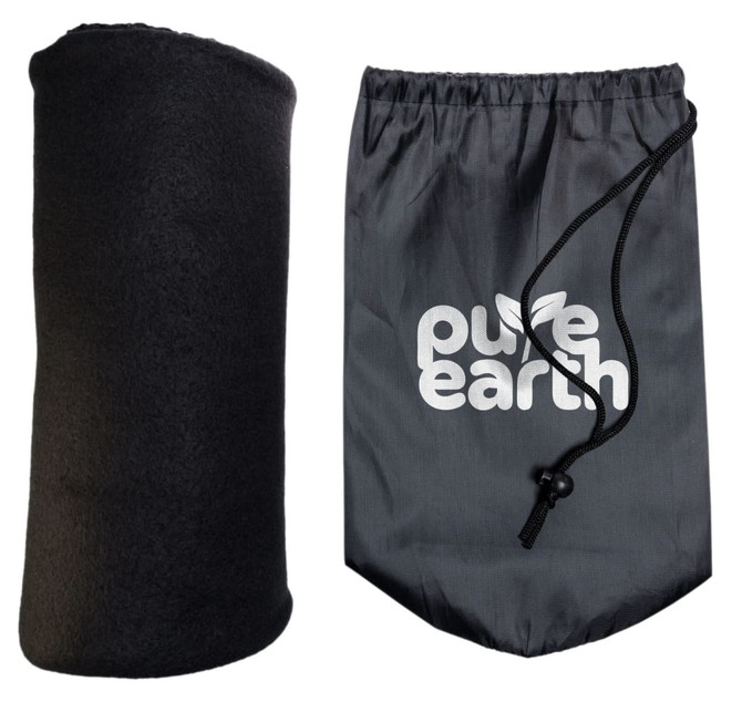 A black polar blanket rolled up next to a grey drawstring bag featuring a logo.
