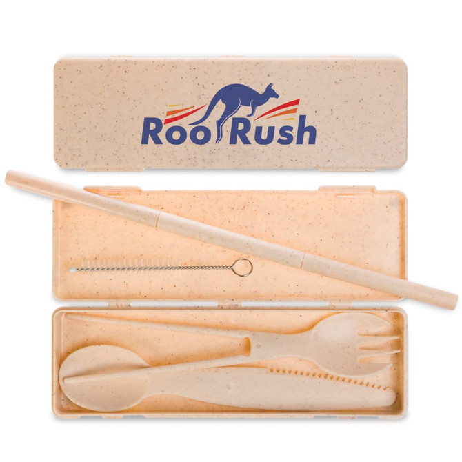 A beige Ramen Cutlery Set in a case, featuring a spoon, fork, knife, straw, and cleaning brush. The case has a logo.