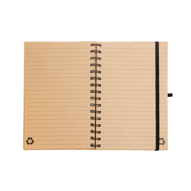 A Pacifica Spiral A5 Notebook featuring lined pages and a recyclable design, with a black elastic band for closure.