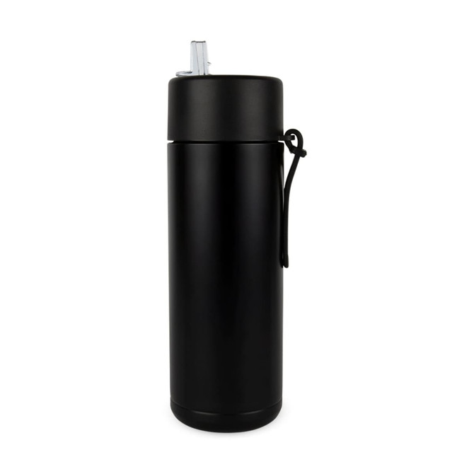 A sleek black drink bottle with a straw and a carrying strap, featuring a simple design and a logo.