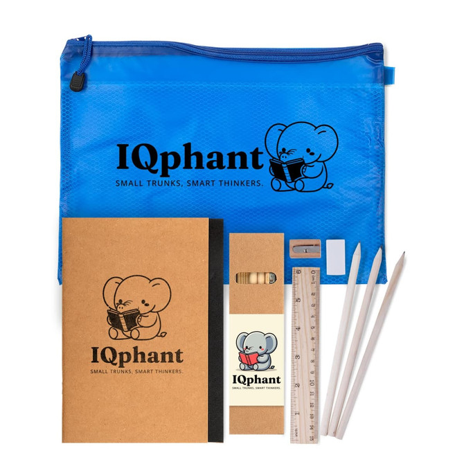 A blue zippered pouch containing a notebook, ruler, pencils, sharpener, and eraser, all featuring an elephant design.