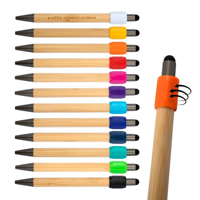 A collection of bamboo pens in various colours, featuring a logo and a spinner mechanism on one pen.