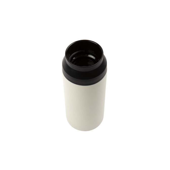 A double wall coffee cup in cream with a black lid and interior, featuring branding.