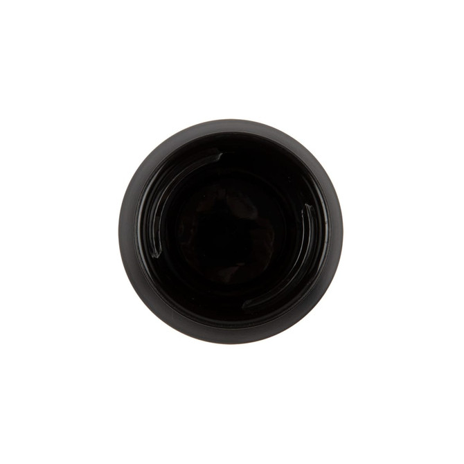 A coffee cup with a sleek black exterior and a smooth, dark interior. It features a logo on the side.