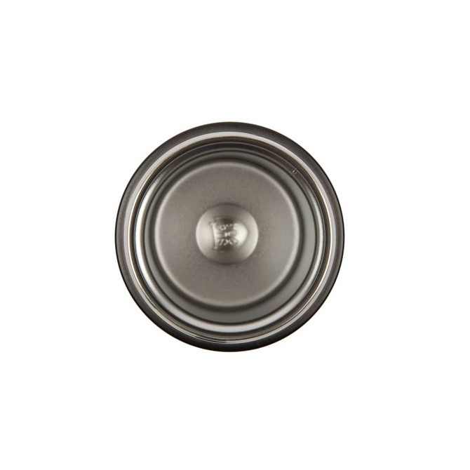 A double wall coffee cup in a stainless steel finish, featuring a smooth interior and a logo at the base.