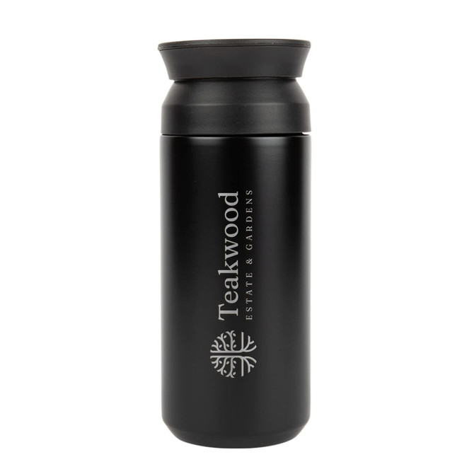 A black double wall coffee cup with a lid, featuring a logo on the side.