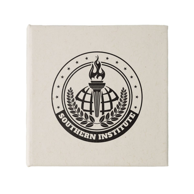 A cream-coloured square note block featuring a logo with a torch, globe, and laurel leaves.