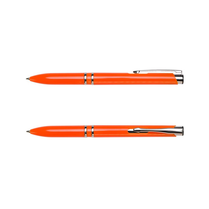 An orange pen with silver accents and a clip, featuring a smooth barrel design. It has branding on the side.