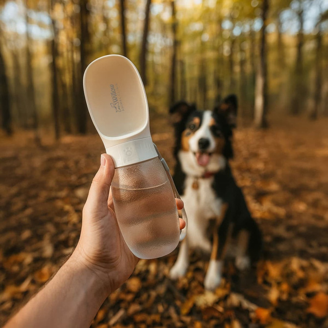 A drink bottle with a clear body and white cap, held in a hand against a forest background, with a dog in focus.