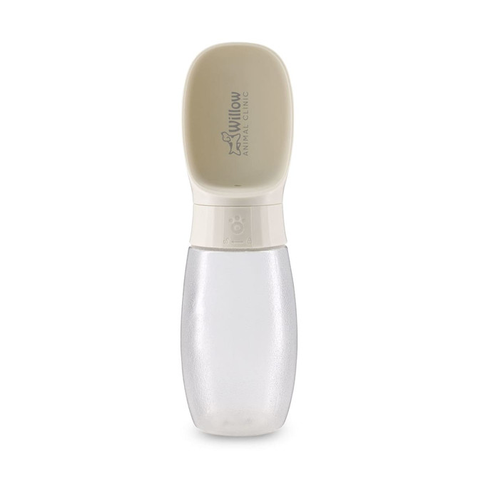 A drink bottle for pets in white and clear, featuring a logo on the body and a wide dispensing lid.