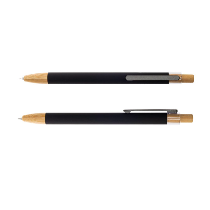 A black metal pen with wooden accents, featuring a silver clip and a sleek design. Includes a branded logo.