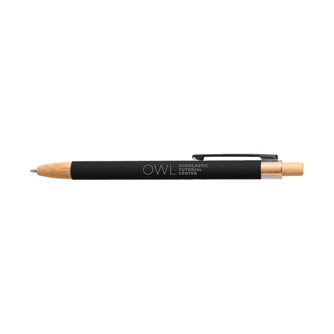 A black pen with a wooden accent and a clip, featuring a logo on the barrel.