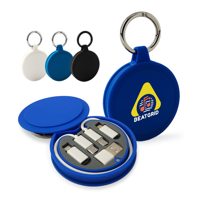 A blue circular case with a keyring, containing various USB connectors in white, grey, and black. Features a logo.