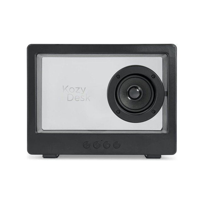 A black speaker with a transparent front and a visible speaker driver, featuring control buttons below.