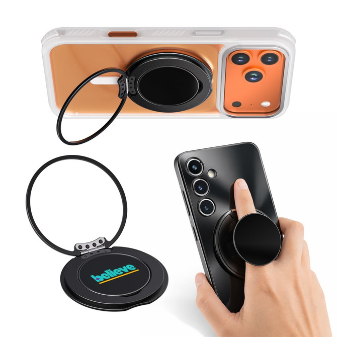 A black phone grip and stand features a circular design with a branding logo, shown on two different smartphones.