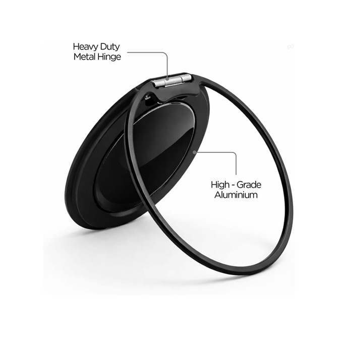 A black Orbyt Phone Grip & Stand featuring a heavy-duty metal hinge and a high-grade aluminium ring.