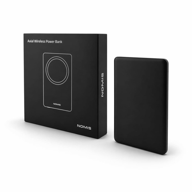 A black power bank next to its box, featuring a wireless charging area and a logo.
