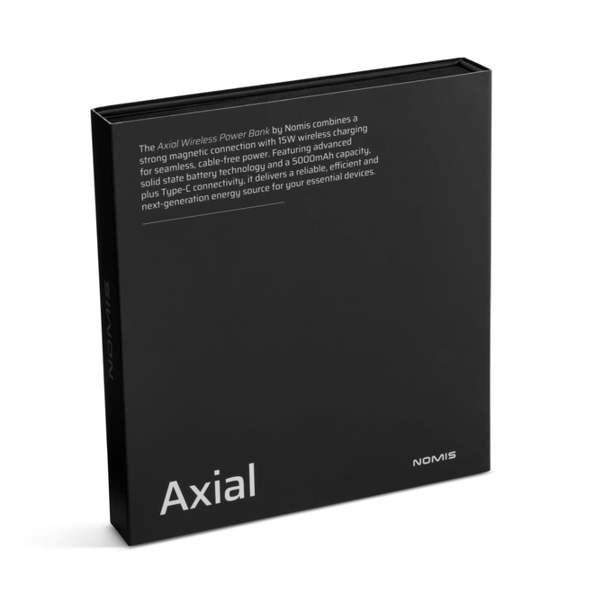 A black box containing the Axial by Nomis Solid State Power Bank. Features a logo and sleek design.