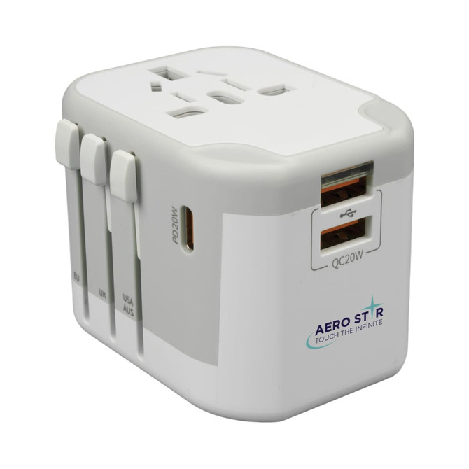 A white travel adaptor with multiple plug options and USB ports, featuring a logo on one side.