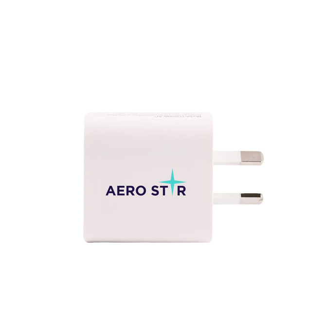 A white power adapter with two prongs, featuring a logo on its surface.