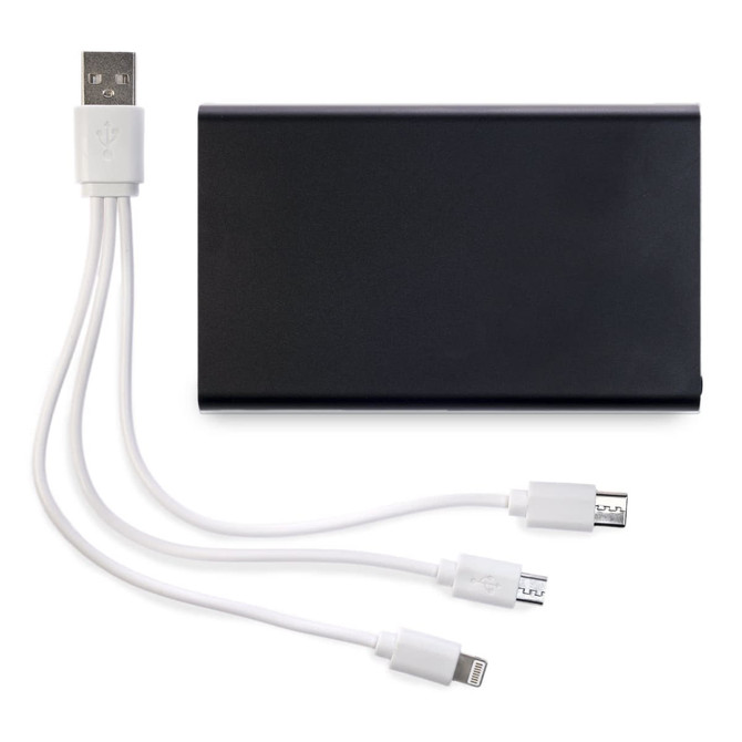A black portable power bank with a white multi-connector cable featuring USB and Lightning ends.