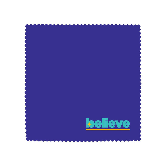 A purple cloth with a scalloped edge featuring a vibrant logo in blue and yellow on the bottom right corner.