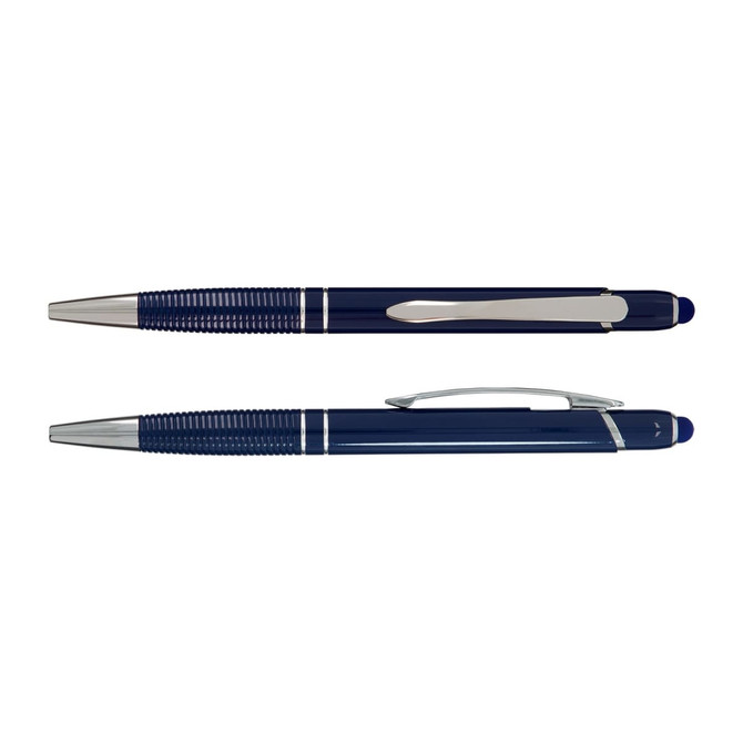 A blue aluminium pen with a silver clip and textured grip, featuring a logo on its body.