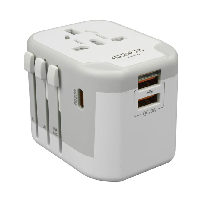 A white travel adapter with multiple plug options, featuring USB ports and a logo.