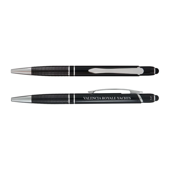 A black pen with a sleek design features a textured grip and a silver clip, along with branding on the side.