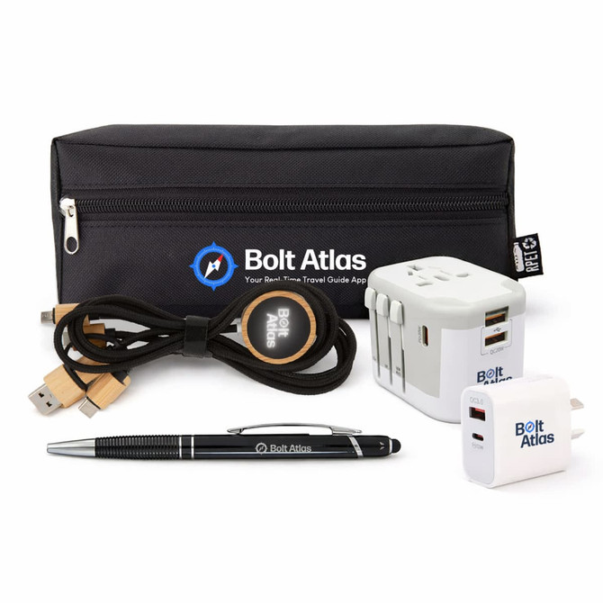 A black zip-up pouch containing a charging cable, pen, multi-port charger, and wall adapter. The pouch features a logo.