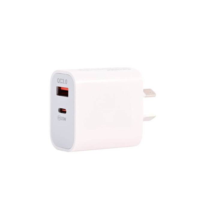 A white charging adapter with one USB-A port and one USB-C port, featuring a compact design and a logo.