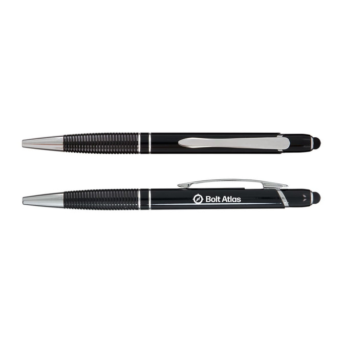 A set of black pens with chrome accents, featuring a textured grip and a logo on one pen.
