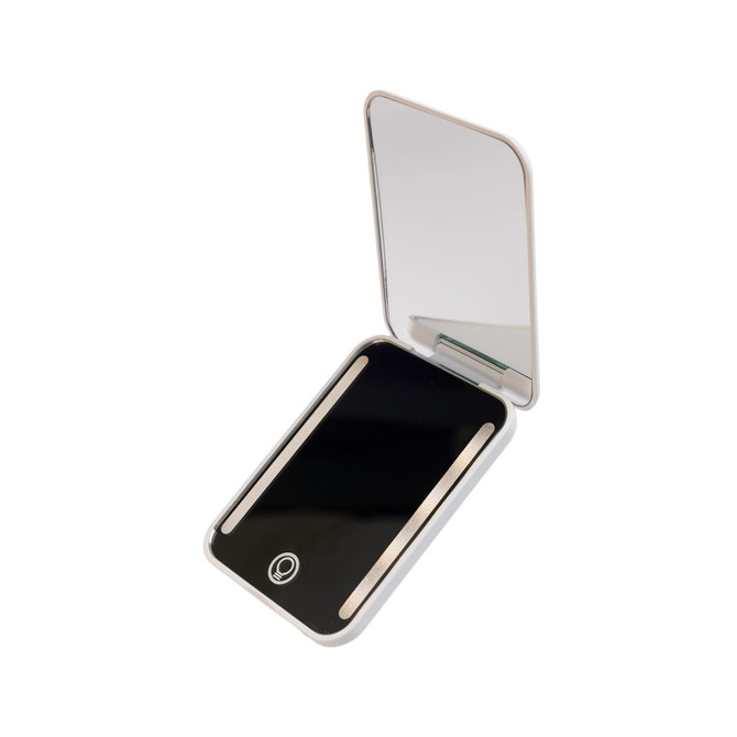 A compact mirror with a black surface and a silver frame, featuring built-in LED lights and a branding logo.