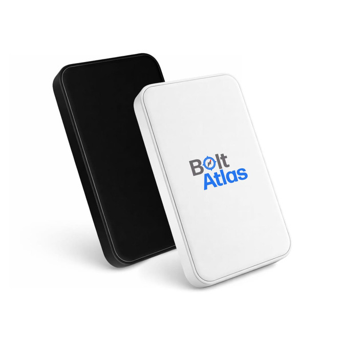 A solid state power bank in black and white, featuring a logo on the front.