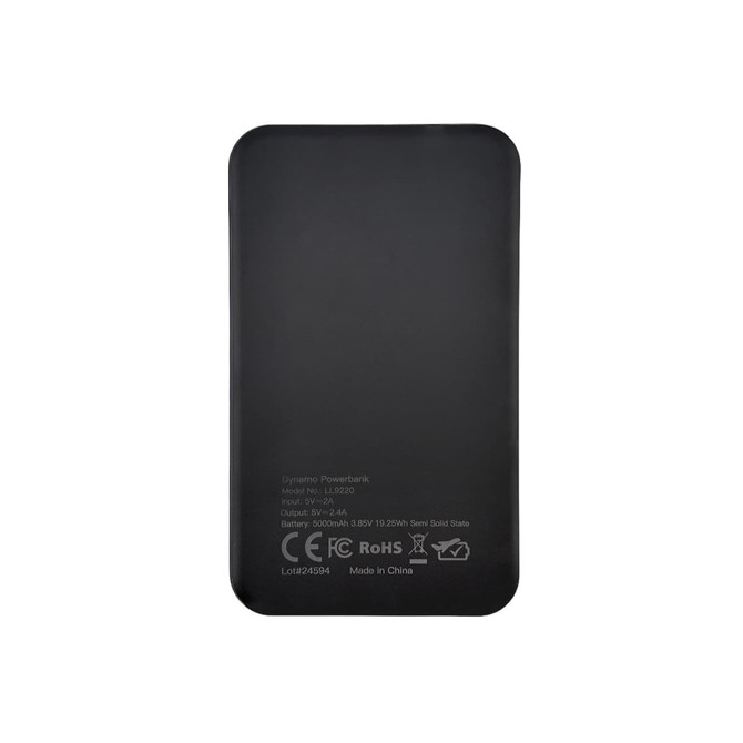 A black solid state power bank with a logo and specifications detailed on the back.