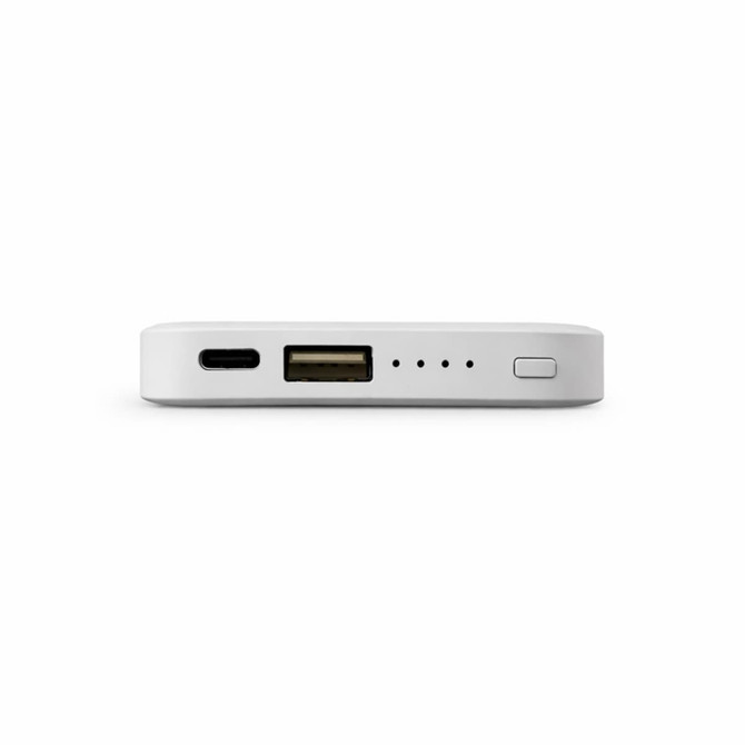 A white solid state power bank with USB and USB-C ports, featuring LED indicator lights and a power button.