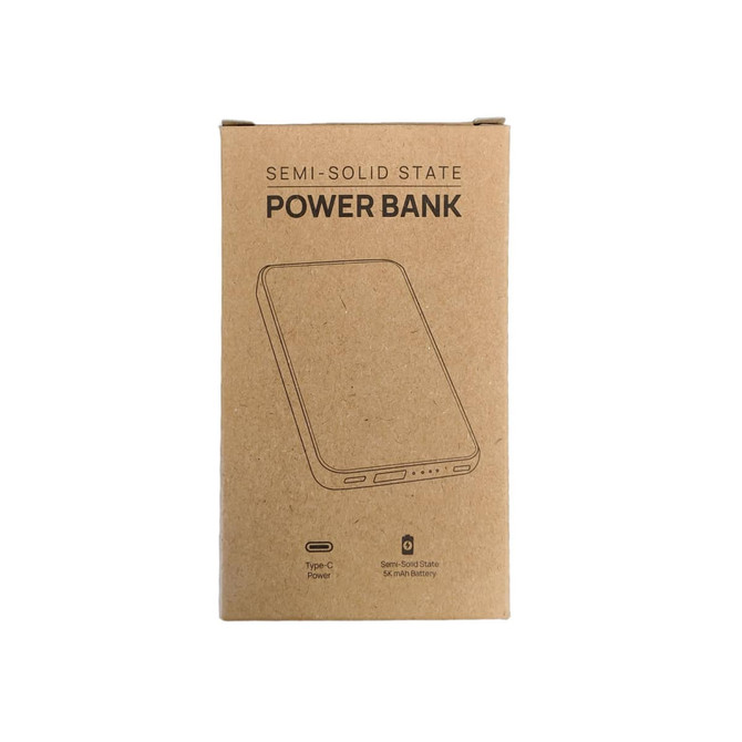 A cardboard package containing a semi-solid state power bank. The design is simple with a Type-C port visible.