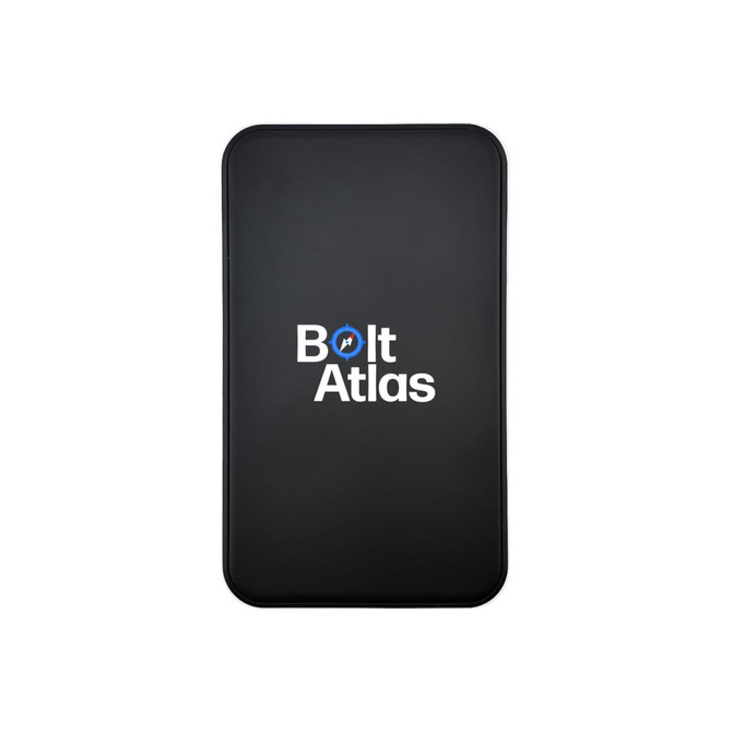 A black power bank with a smooth surface and a branded logo in the centre.