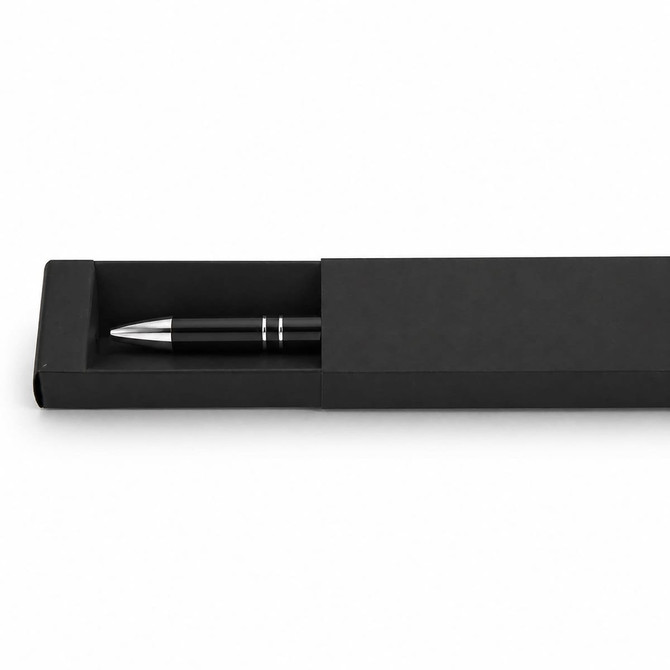 A black gel ink pen displayed in a sleek black box, featuring a simple design and metallic accents.