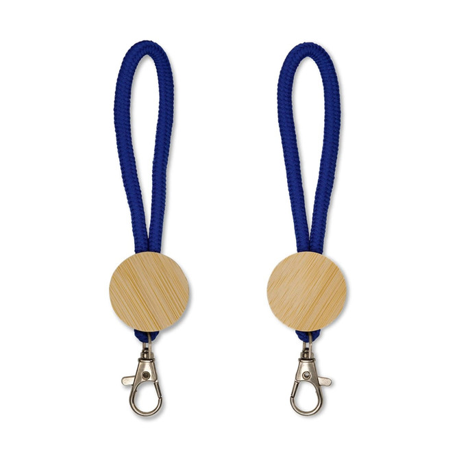 Two keytags with a round wooden disc and a navy blue fabric strap, featuring a metal clip for attachment.