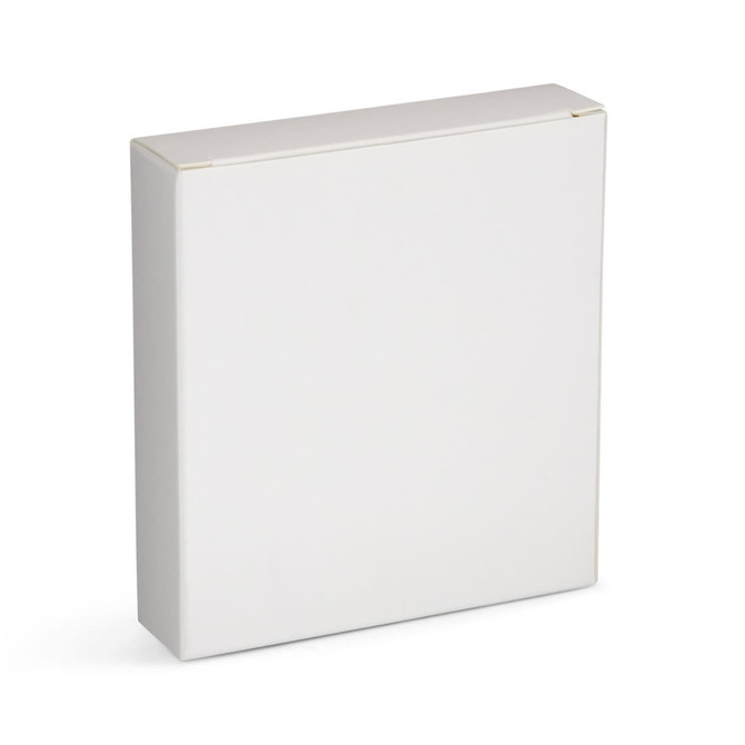 A plain white box, suitable for packaging, featuring a simple design and a visible closure on the top.
