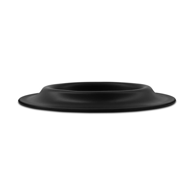 A black pet bowl with a shallow, wide design. It features a smooth finish and has a logo.
